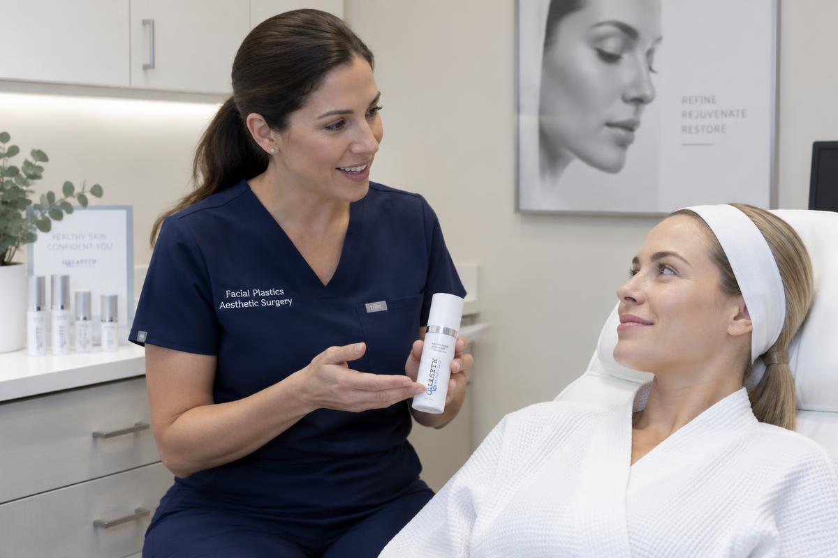 Aesthetic nurse explaining post-procedure skincare to a patient in a treatment room